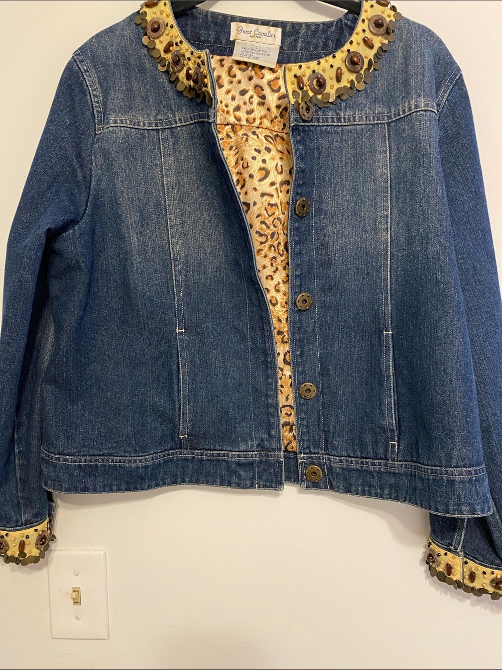 Great Cavalier Women's Dark Blue Denim Jacket with Leopard inside.